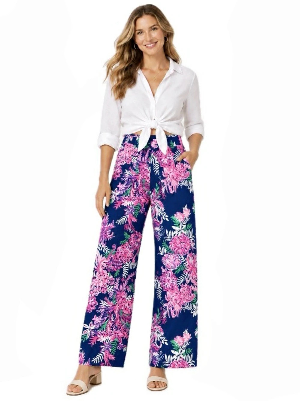 Lilly Pulitzer, Bal Harbour Palazzo Pant Floral Pants Blue & Pin wide leg, Size